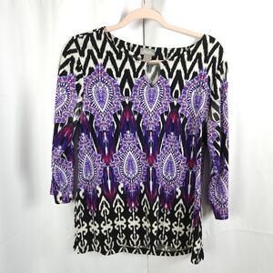 Chico's Travelers 1 Womens 8 Purple Paisley 3/4 Sleeve Keyhole Tunic‎ Blouse